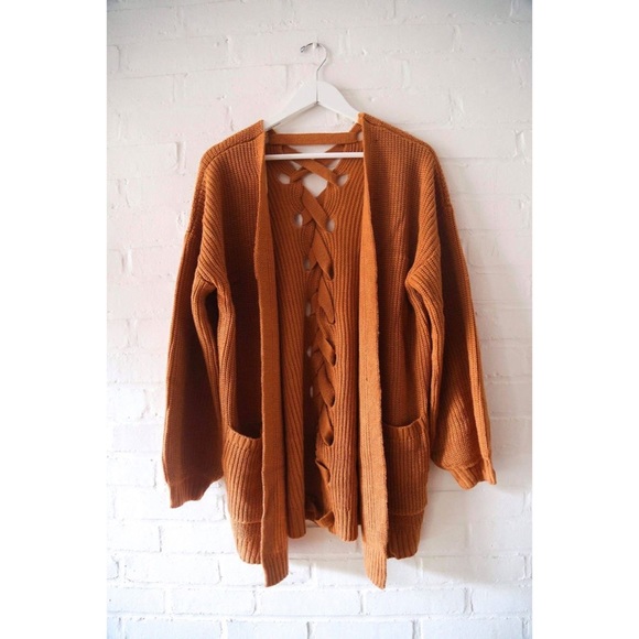Orange Lace Up Cardigan Sweater - Picture 2 of 5